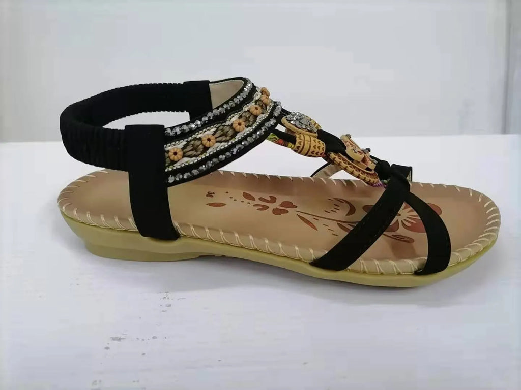 Large size women's flat sandals with flower and rhinestone decoration, round toe, PU upper, available in multiple colours