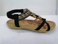 Large size women's flat sandals with flower and rhinestone decoration, round toe, PU upper, available in multiple colours