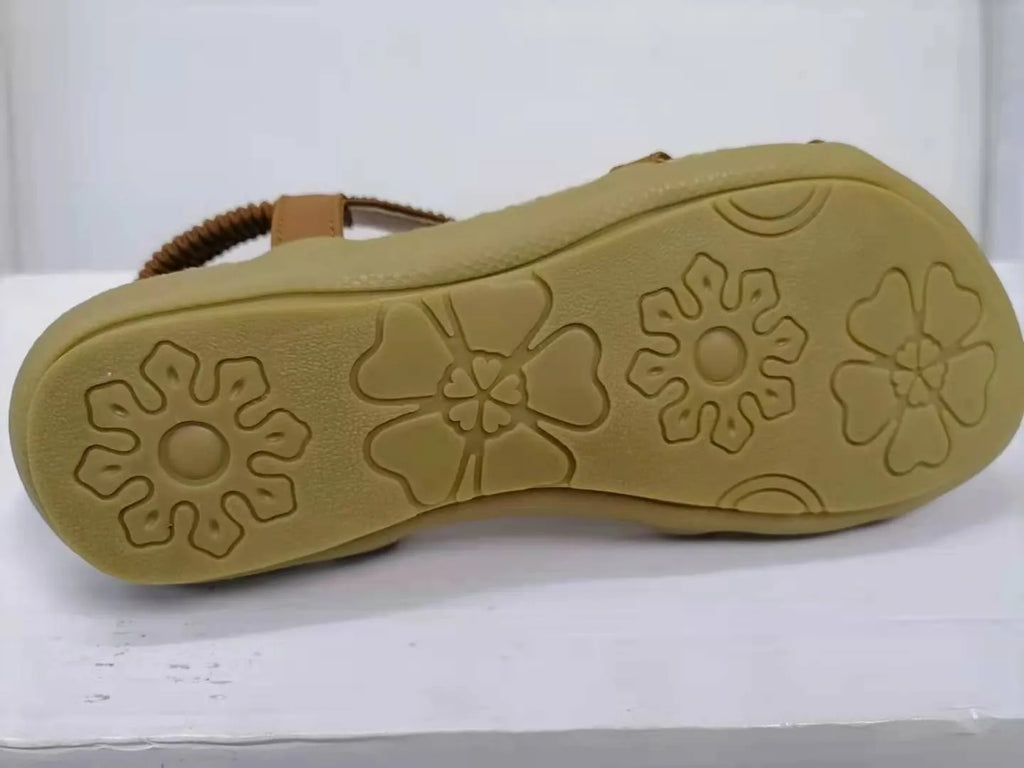 Large size women's flat sandals with flower and rhinestone decoration, round toe, PU upper, available in multiple colours