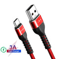 USB A to Type-C fast charging data cable in black or red with length options from 0.25 to 2 metres