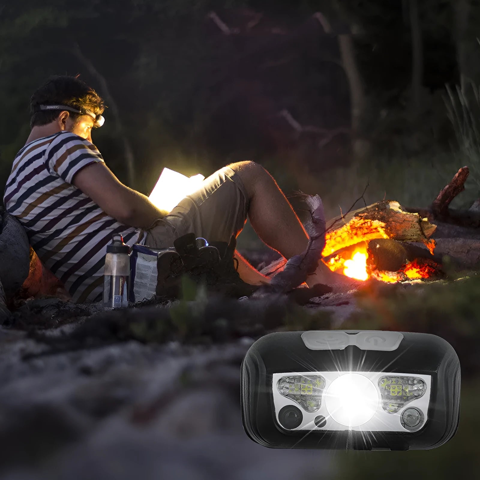 Black sensor headlight with LED, showing wave control sensor and USB charging port.