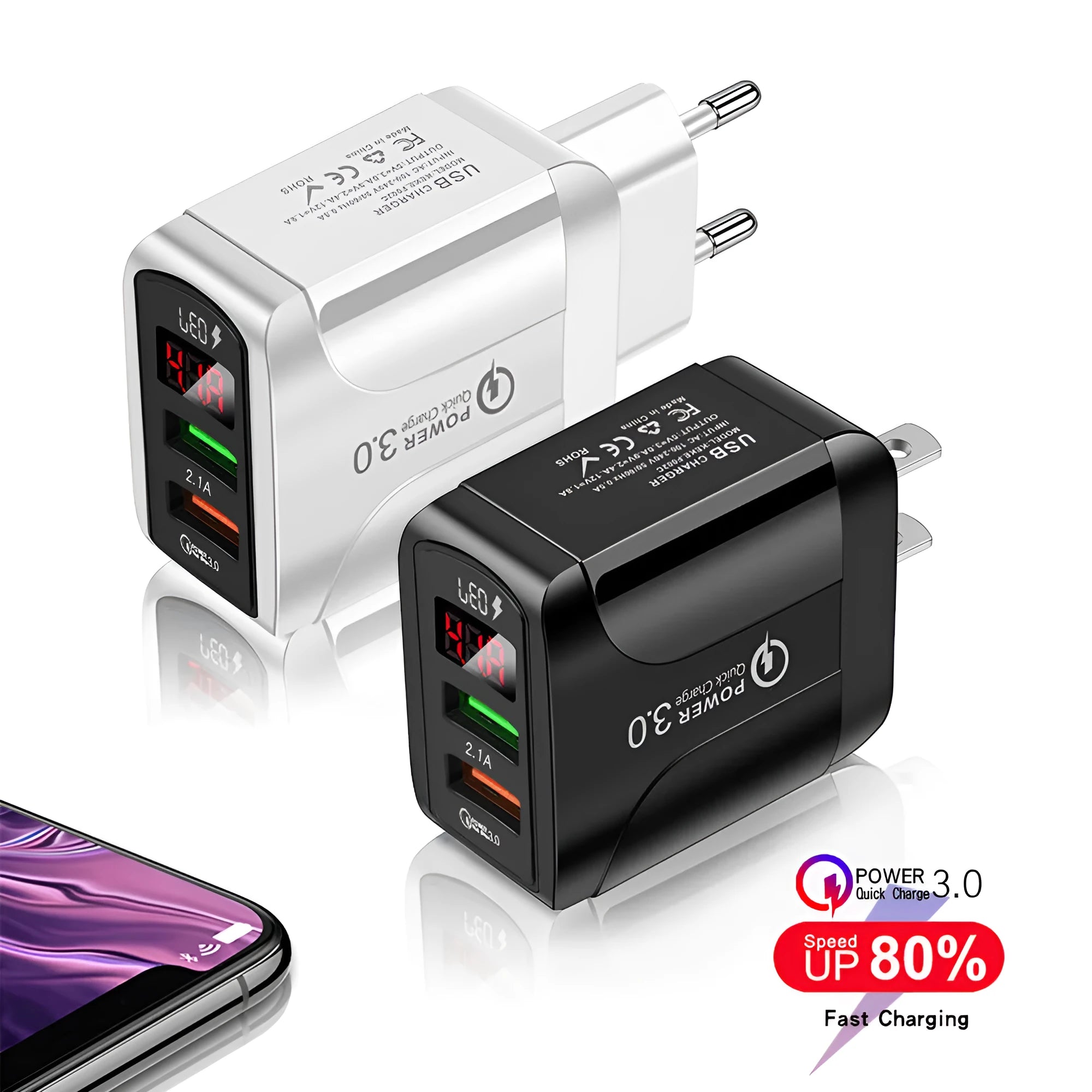 Digital display travel phone charger with EU, UK and US plug adapters in black and white