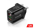 Digital display travel phone charger with EU, UK and US plug adapters in black and white