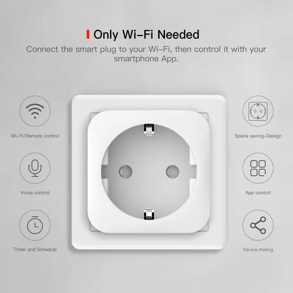 White 16A WiFi smart socket with power meter, EU plug type, compact rectangular design, PC shell