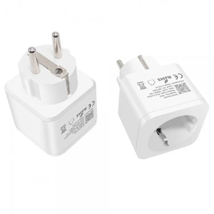 White 16A WiFi smart socket with power meter, EU plug type, compact rectangular design, PC shell