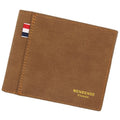 Men's black tri-fold leather wallet open showing multiple card slots and cash compartment