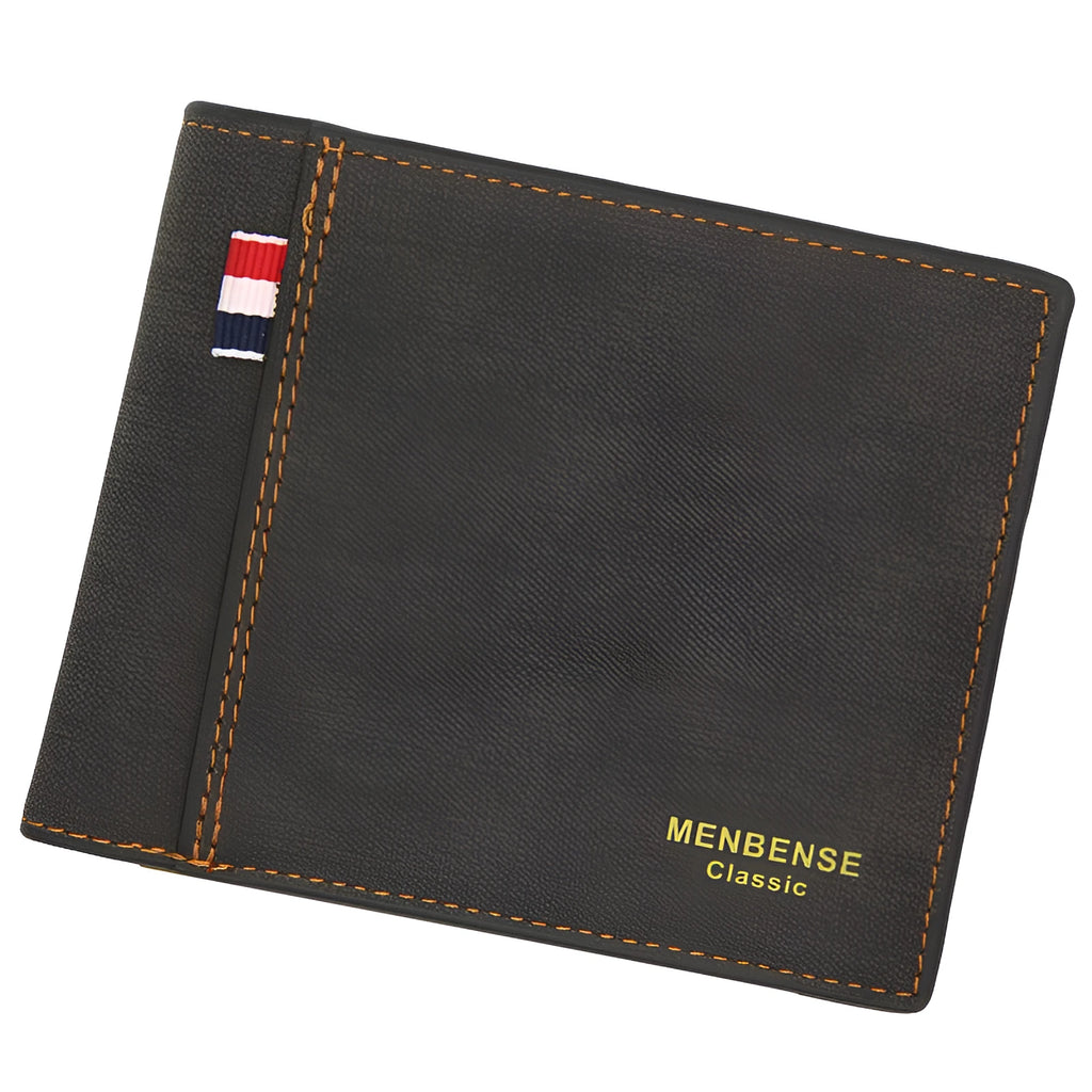 Men's black tri-fold leather wallet open showing multiple card slots and cash compartment
