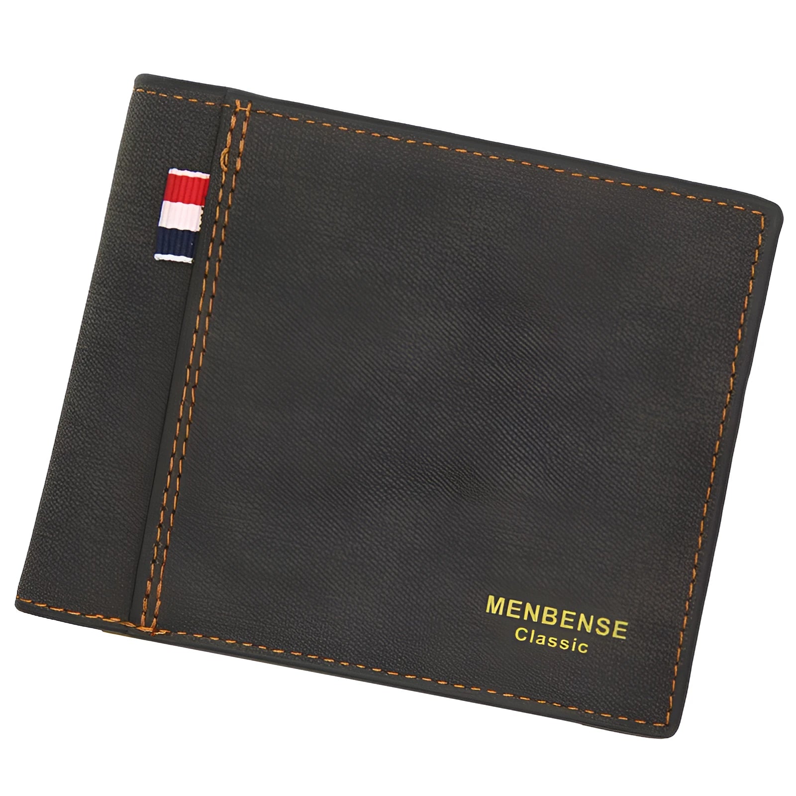 Men's black tri-fold leather wallet open showing multiple card slots and cash compartment