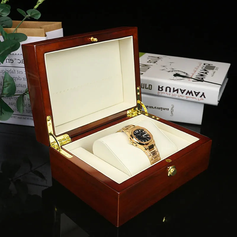 Brown MDF custom packaging box with gloss paint finish and silk screen print, 18x13.5x8.5cm, for watch and jewellery storage