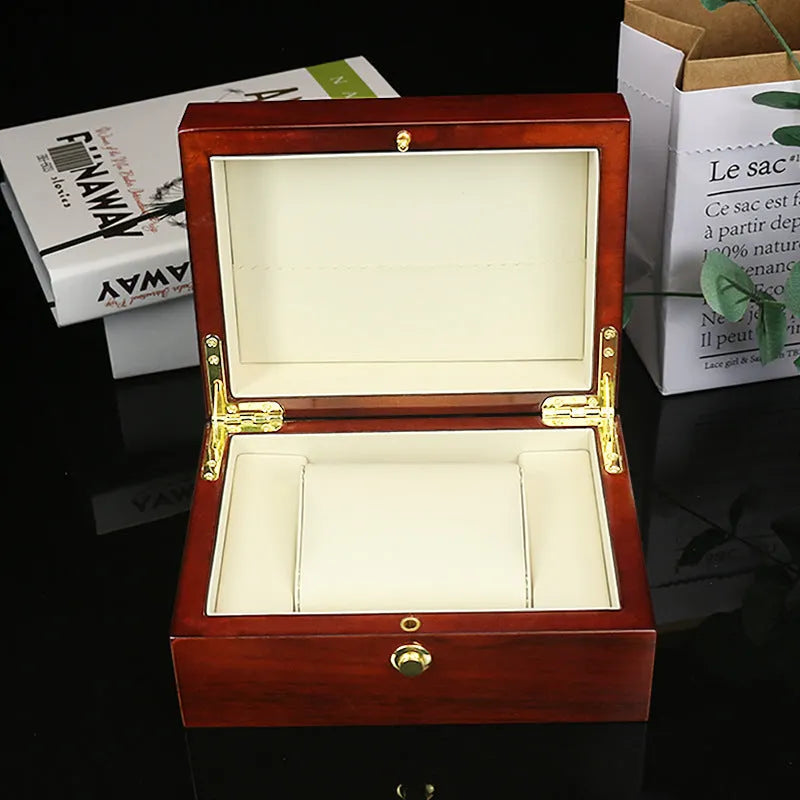 Brown MDF custom packaging box with gloss paint finish and silk screen print, 18x13.5x8.5cm, for watch and jewellery storage