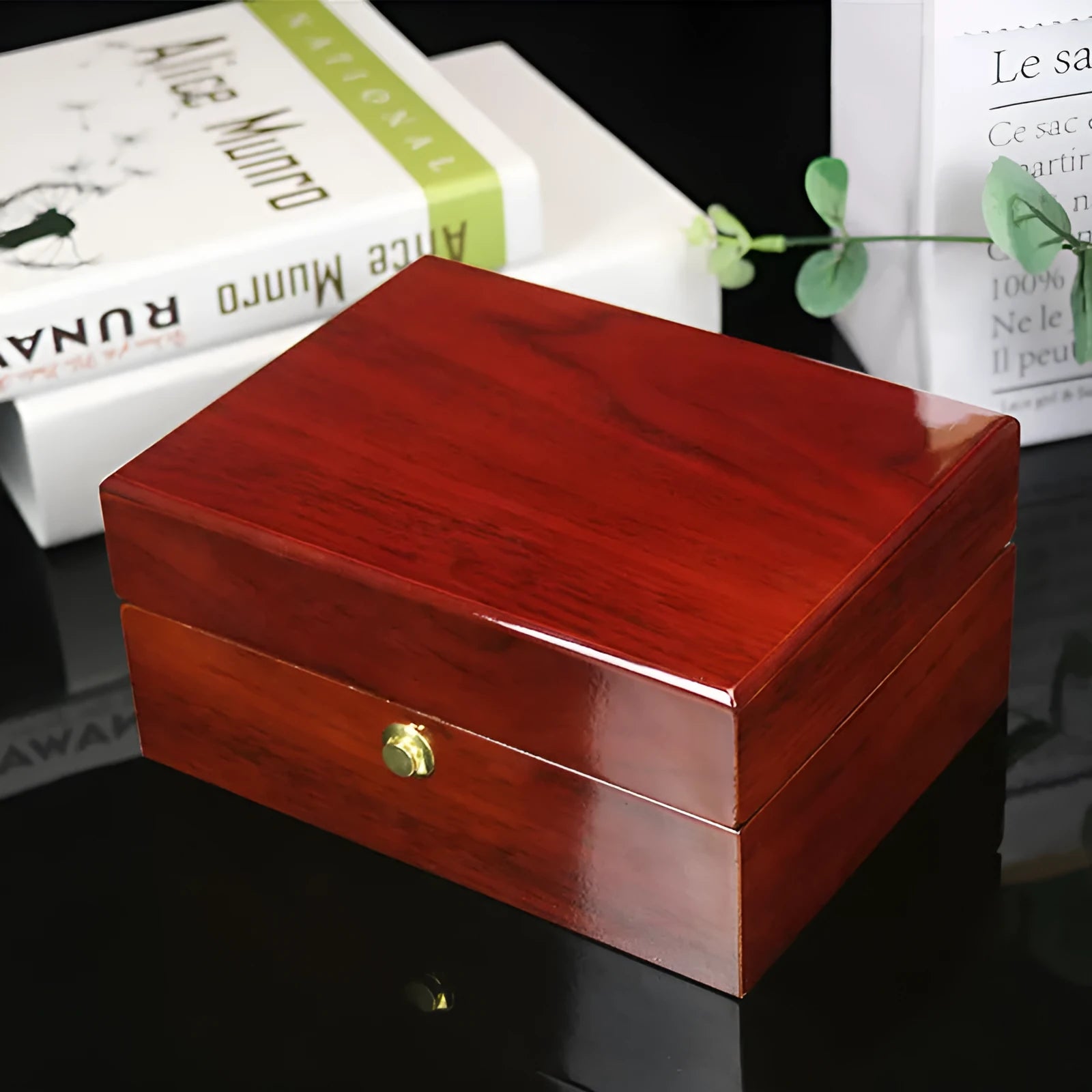 Brown MDF custom packaging box with gloss paint finish and silk screen print, 18x13.5x8.5cm, for watch and jewellery storage