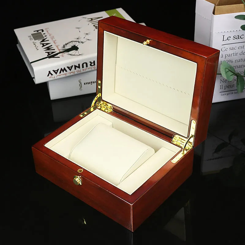 Brown MDF custom packaging box with gloss paint finish and silk screen print, 18x13.5x8.5cm, for watch and jewellery storage