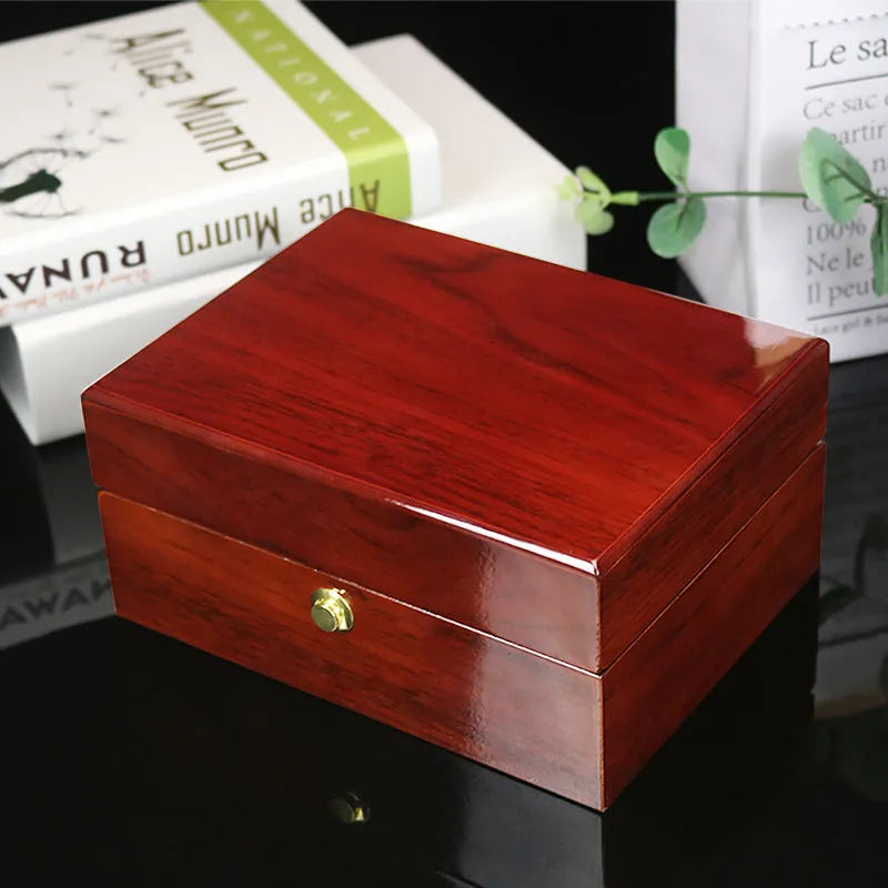 Brown MDF custom packaging box with gloss paint finish and silk screen print, 18x13.5x8.5cm, for watch and jewellery storage