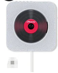 Wall-mounted white CD and DVD player with a digital display and remote control on a table.