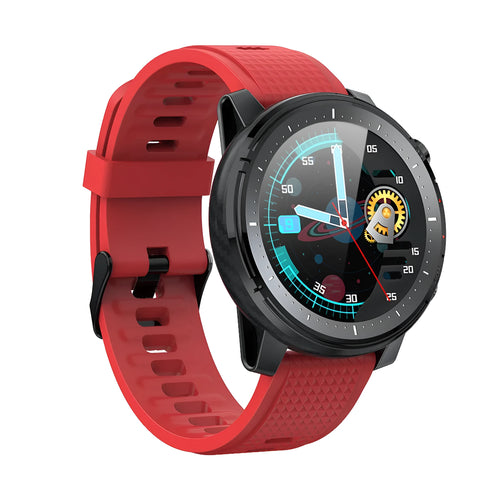 IP68 waterproof Android smart watch with 1.3-inch circular screen and silicone strap in black or red