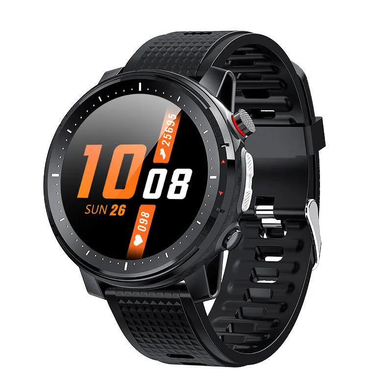 IP68 waterproof Android smart watch with 1.3-inch circular screen and silicone strap in black or red