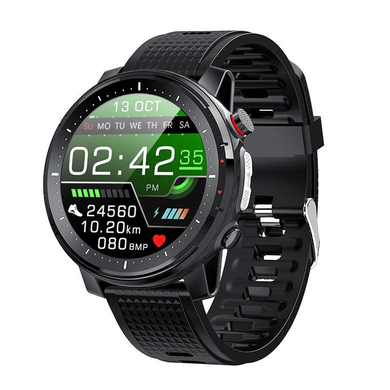 Round dial smartwatch with black silicone strap and 1.3-inch touch screen display