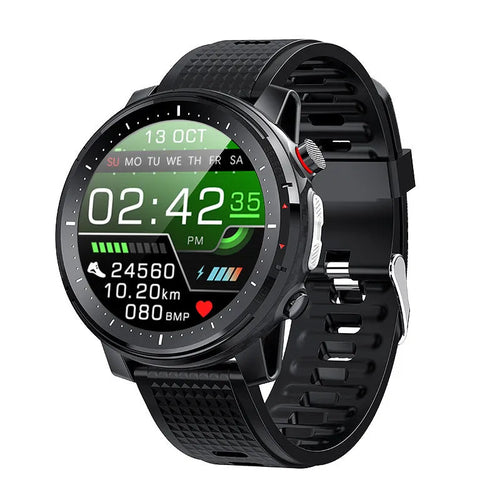 IP68 waterproof Android smart watch with 1.3-inch circular screen and silicone strap in black or red