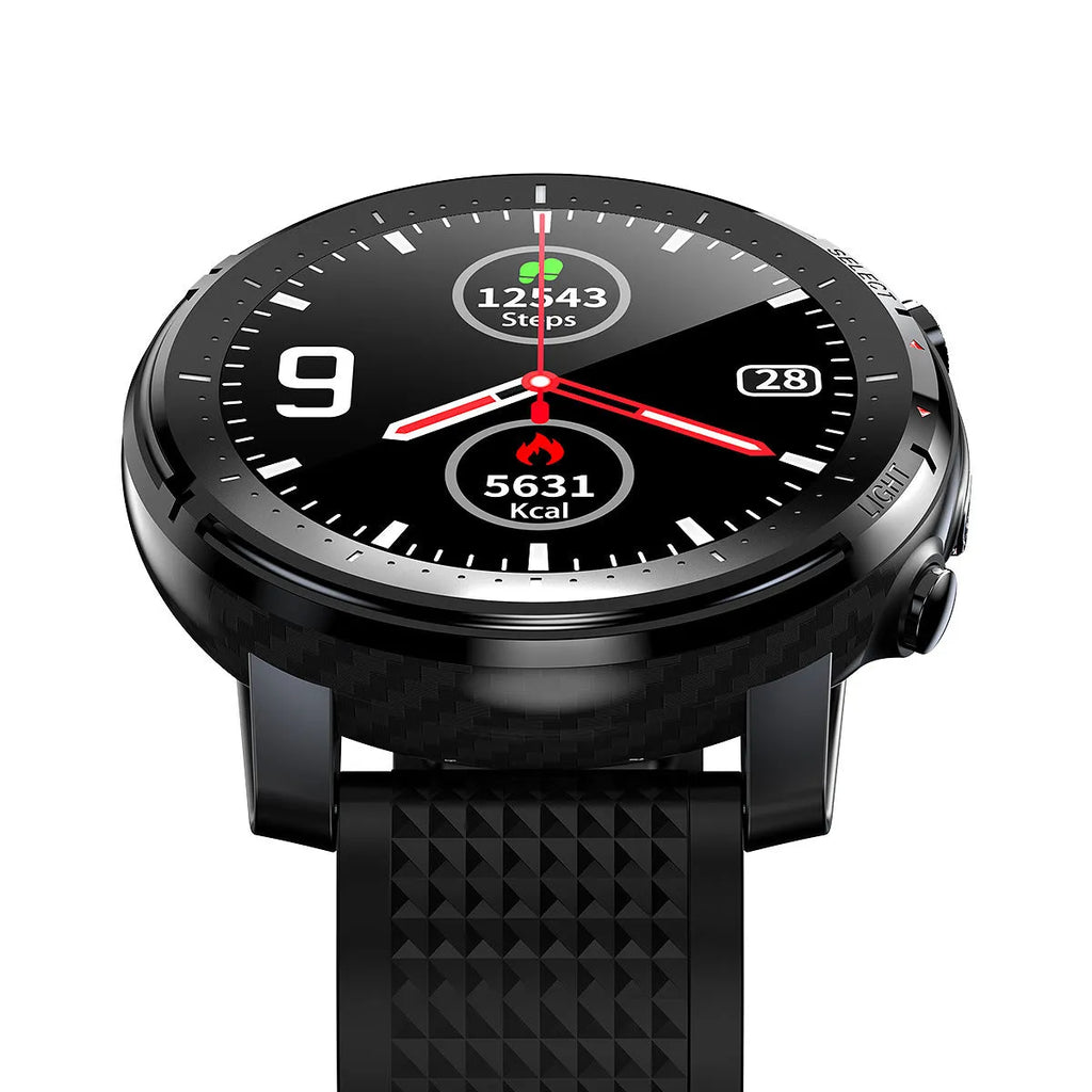 Round dial smartwatch with black silicone strap and 1.3-inch touch screen display