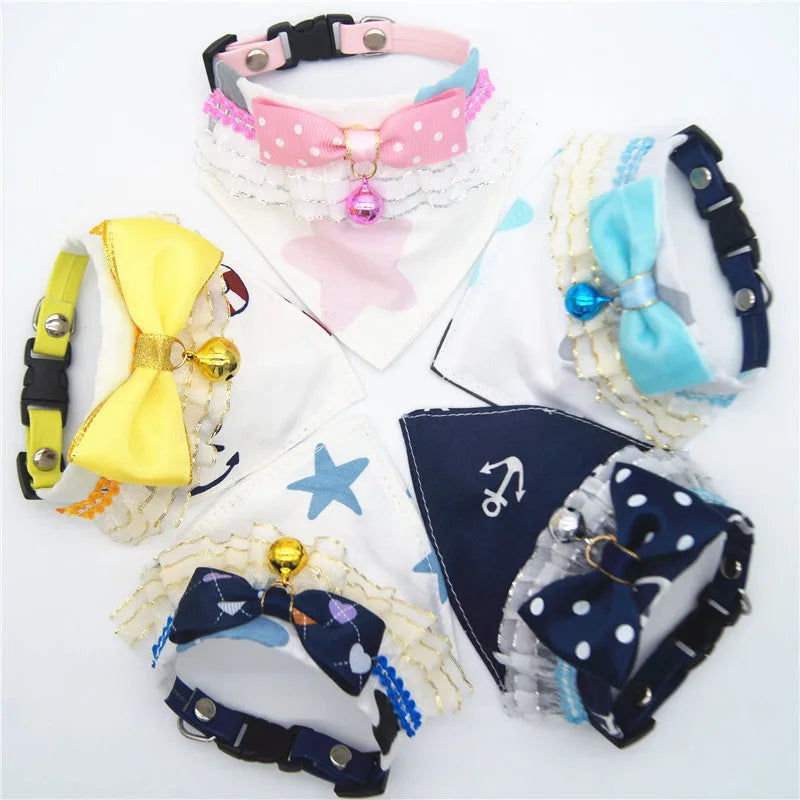 Detachable dog collar bow tie in geometric cloth, shown in pink, blue, yellow, sky blue, and blue peach heart, sizes S M L