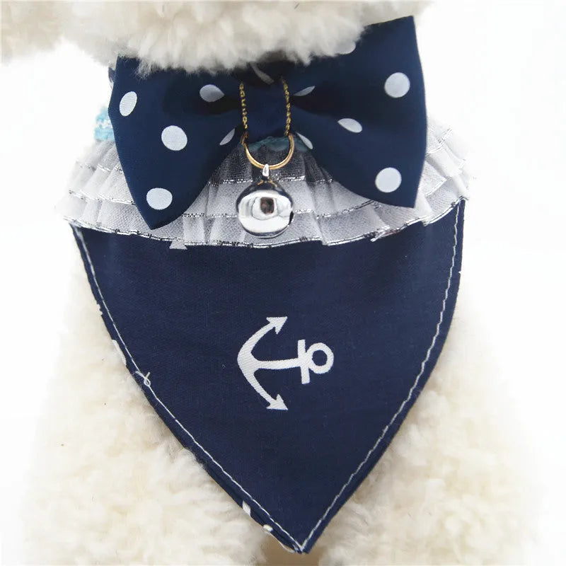 Detachable dog collar bow tie in geometric cloth, shown in pink, blue, yellow, sky blue, and blue peach heart, sizes S M L