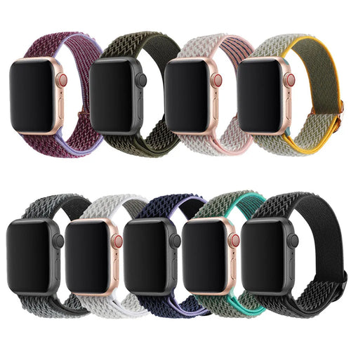 Braided nylon Apple Watch strap with wave pattern texture showing adjustable elastic design