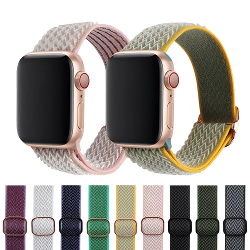 Braided nylon Apple Watch strap with wave pattern texture showing adjustable elastic design