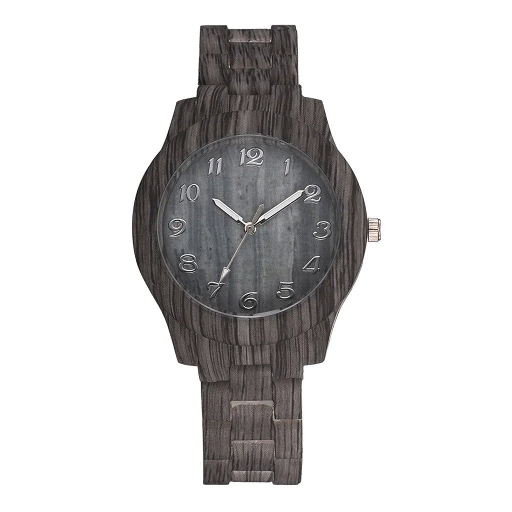 Retro style quartz watch with wood grain dial and silicone strap in beige, brown, grey, red, or white.