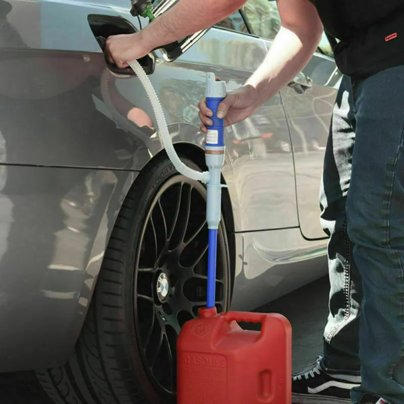 Manual hand-operated siphon pump for fuel and liquid transfer in blue or red colour