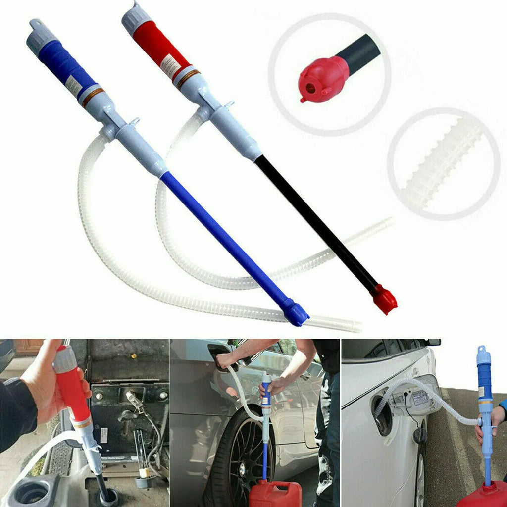 Manual hand-operated siphon pump for fuel and liquid transfer in blue or red colour