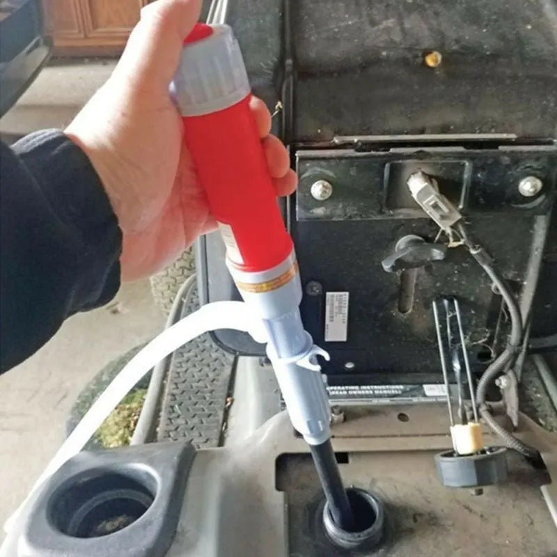 Manual hand-operated siphon pump for fuel and liquid transfer in blue or red colour