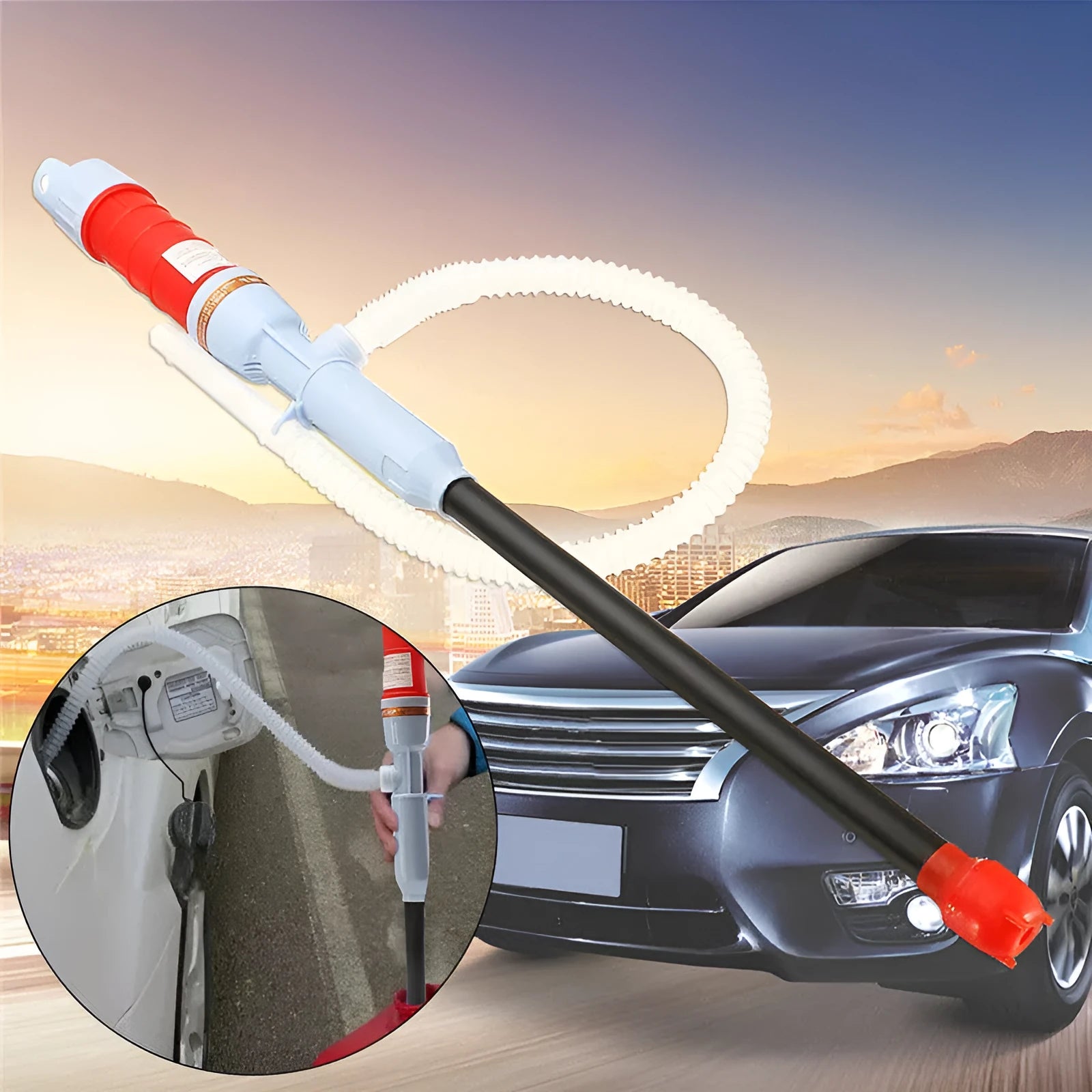 Manual hand-operated siphon pump for fuel and liquid transfer in blue or red colour