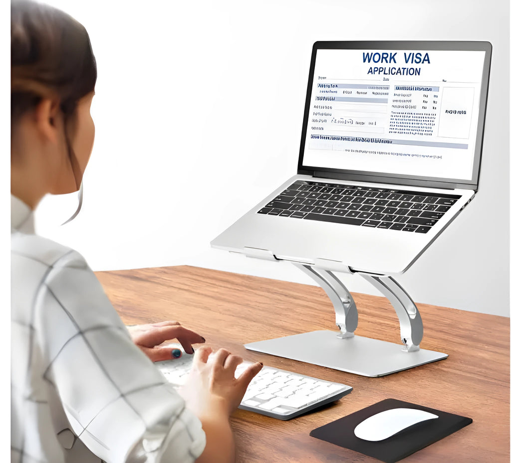Folding aluminium alloy laptop computer stand bracket in gray with cooling base design