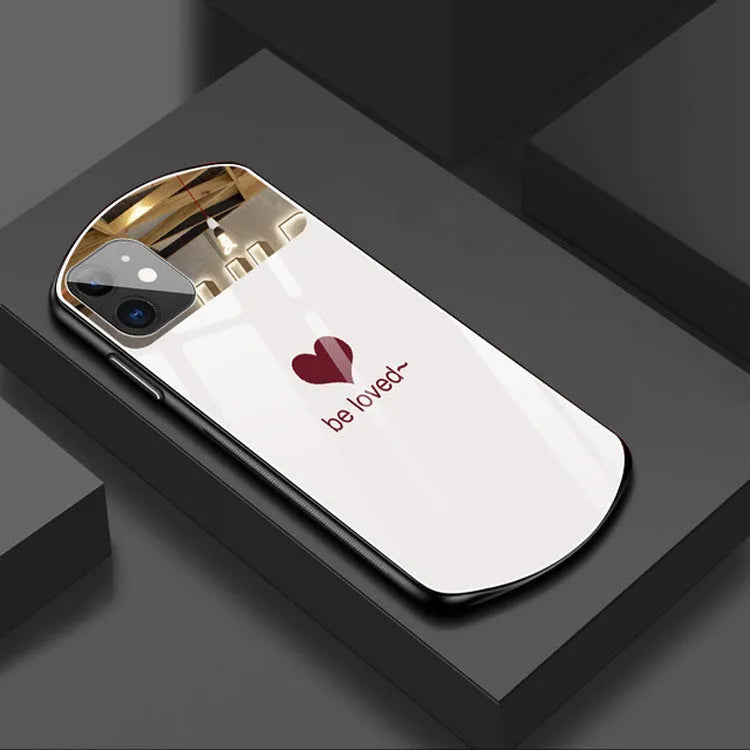 Love Makeup Mirror phone case in pink with painted love letter design, TPU PC back cover for iPhone