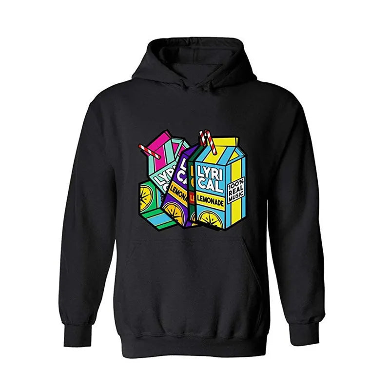 Lyrical Lemonade unisex velvet hoodie with lemon print pattern in black, featuring a front patch pocket