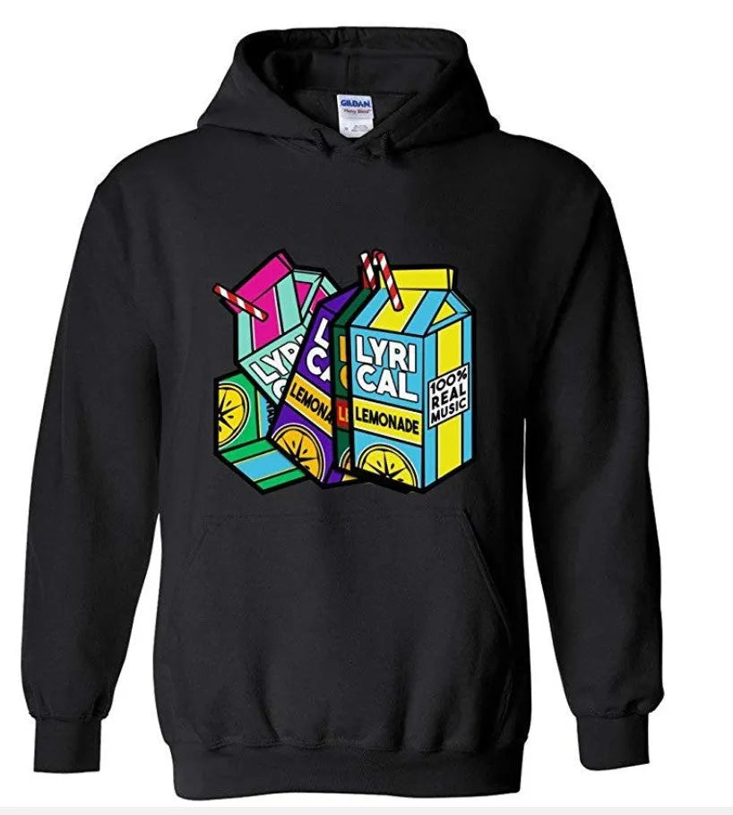 Lyrical Lemonade unisex velvet hoodie with lemon print pattern in black, featuring a front patch pocket