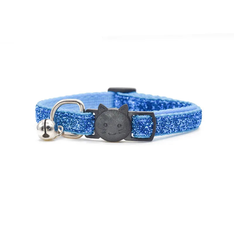 Adjustable cat collar with bell, 21-34cm, one size fits all, shown in eight colours including blue, red, purple and silver