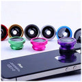 Black 3-in-1 smartphone camera lens kit with fisheye, wide-angle, and macro lenses and a universal mounting clip.