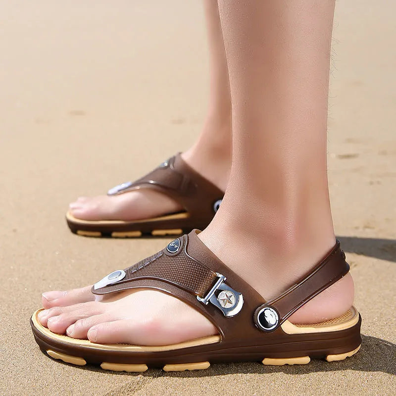 Men's summer flip flops with PU upper and EVA sole, flat heel, dark blue or brown, sizes 39-45