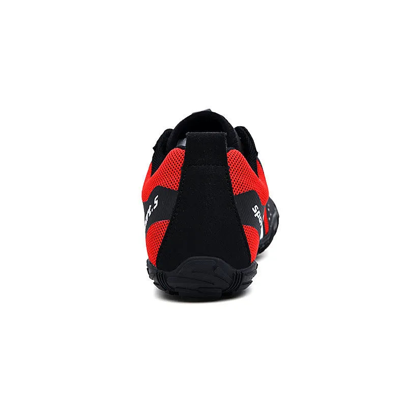 Quick-drying outdoor wading shoes in mesh with a natural rubber sole, shown in red colour.