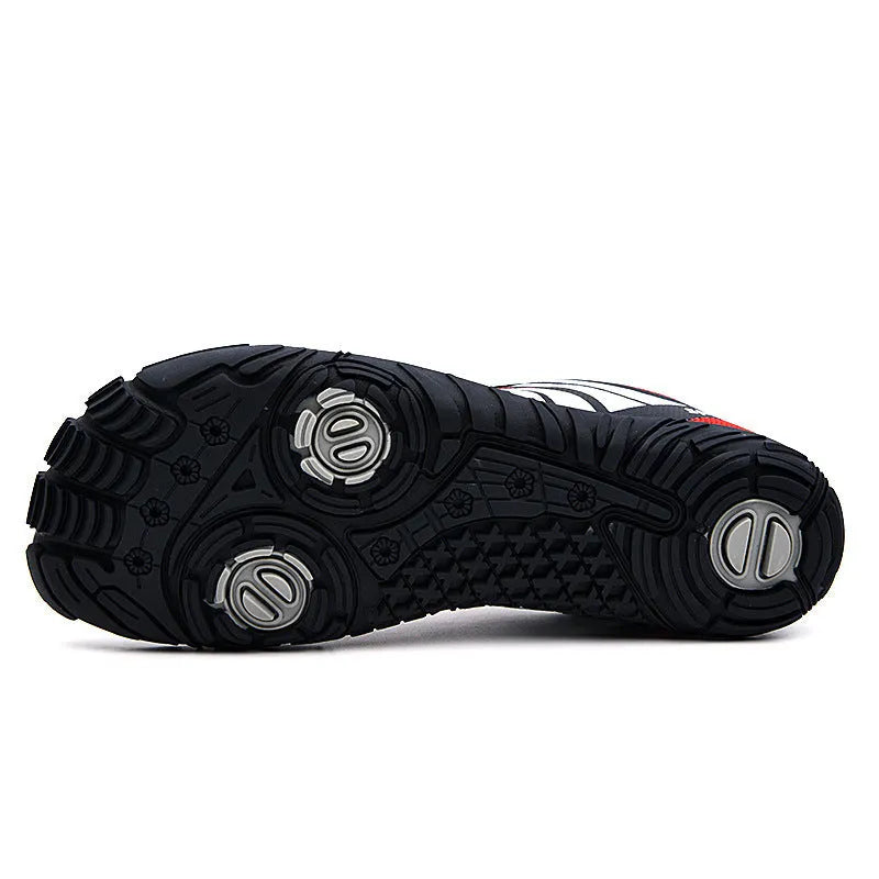 Quick-drying outdoor wading shoes in mesh with a natural rubber sole, shown in red colour.