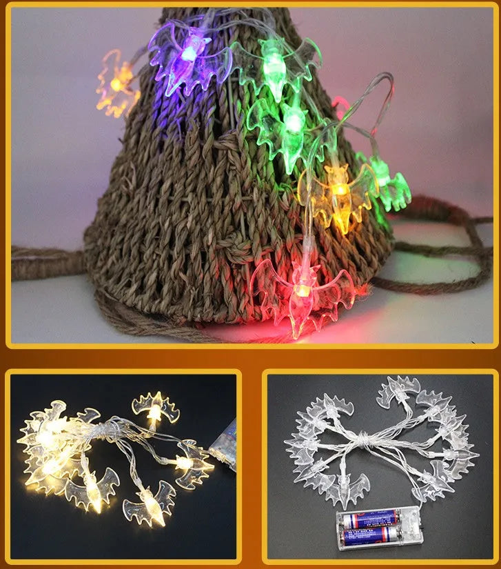 Halloween LED string lights with 10 pumpkin ghost bat spider skull pendants on white 1.2m waterproof cable
