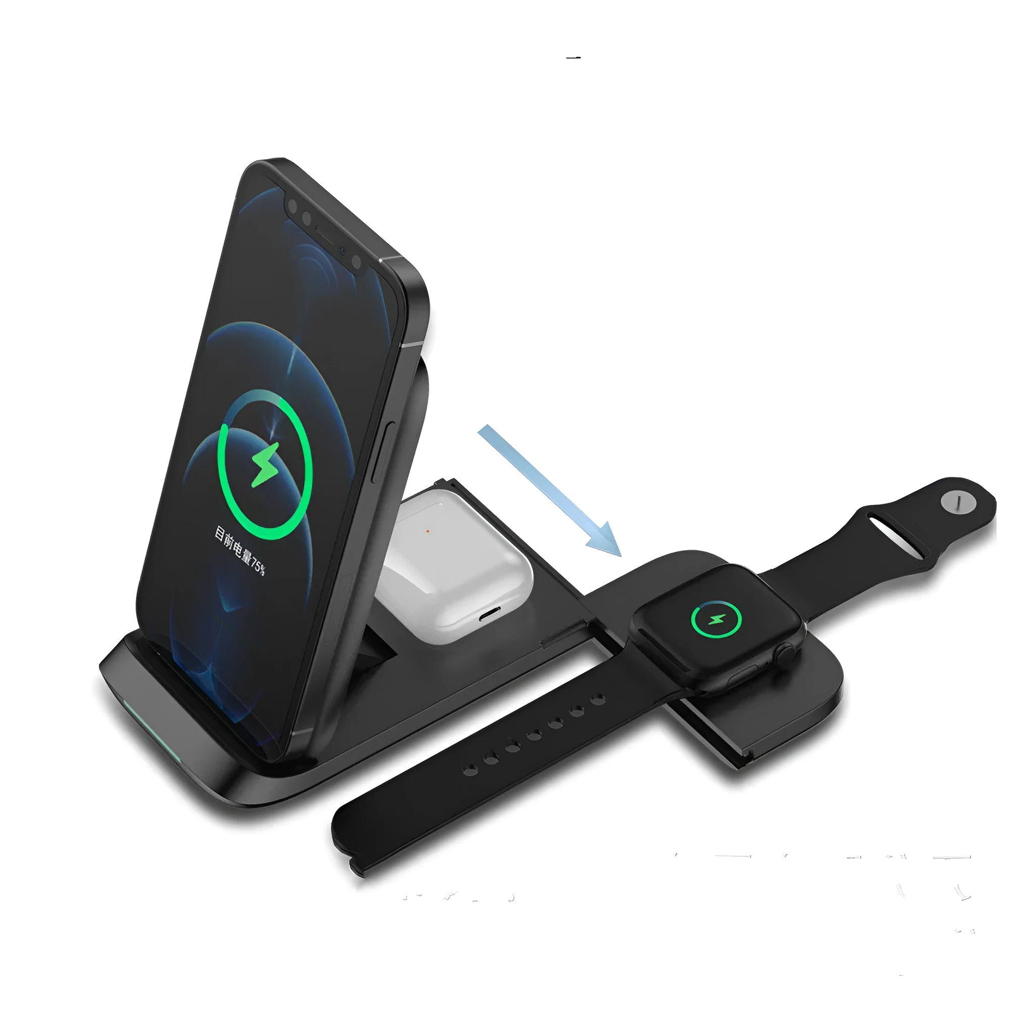 Black foldable three-in-one wireless charger for iPhone, Apple Watch and AirPods showing LED light.