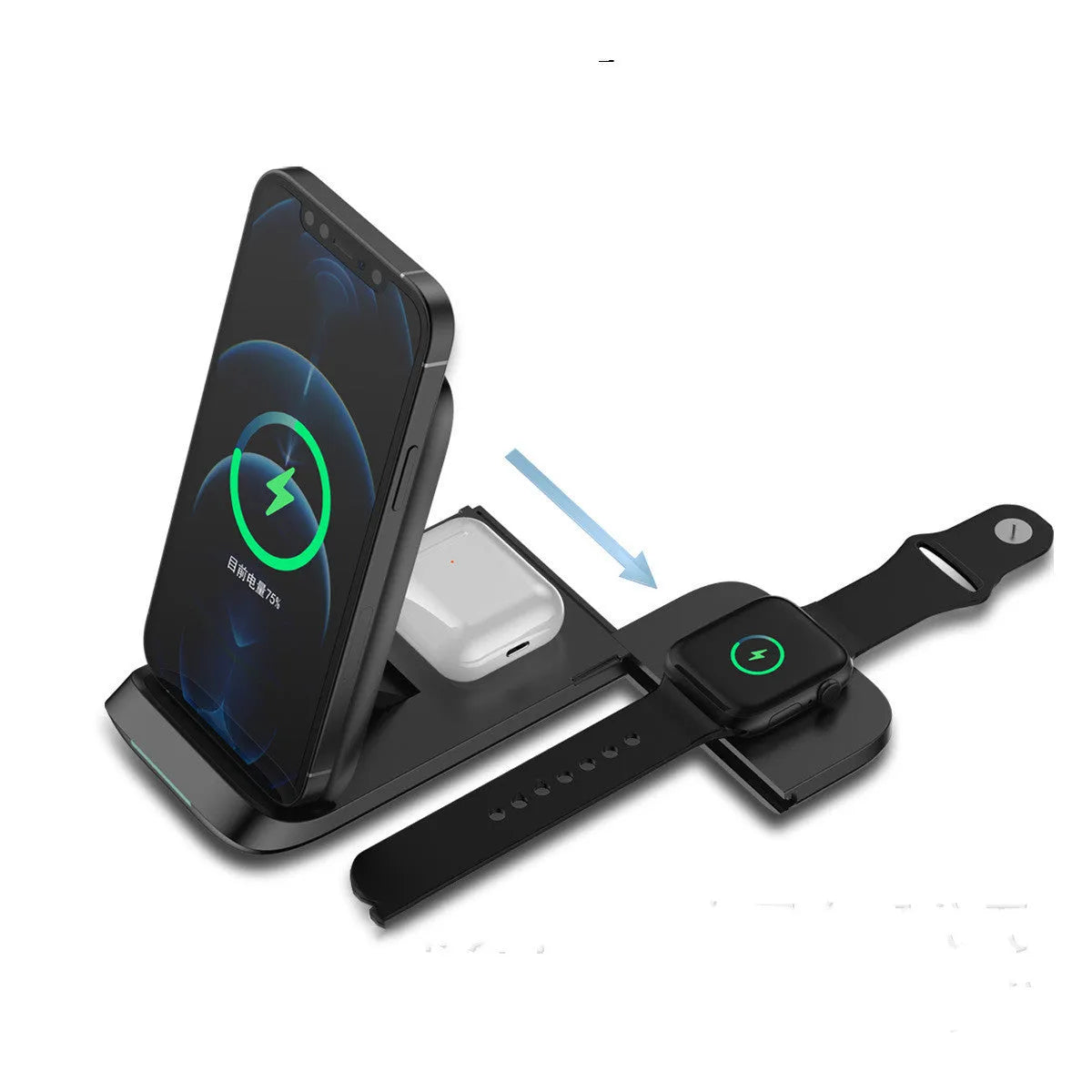 Black foldable three-in-one wireless charger for iPhone, Apple Watch and AirPods showing LED light.