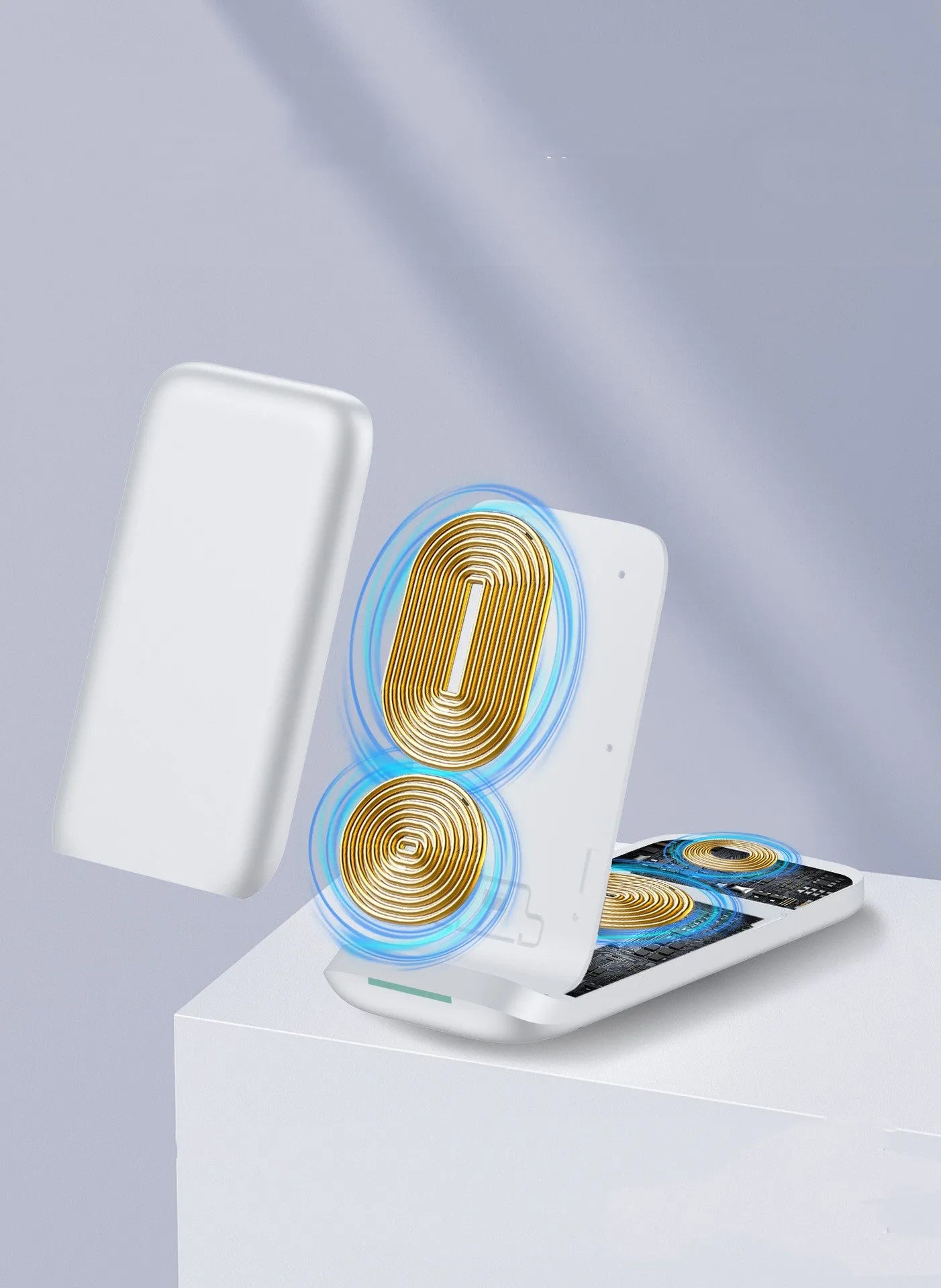 Black foldable three-in-one wireless charger for iPhone, Apple Watch and AirPods showing LED light.