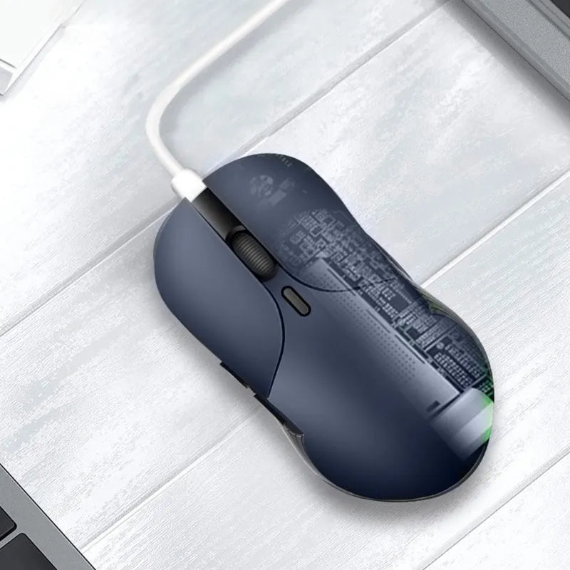 Blue wireless voice translation mouse with voice control button showing dimensions 66x125x35mm