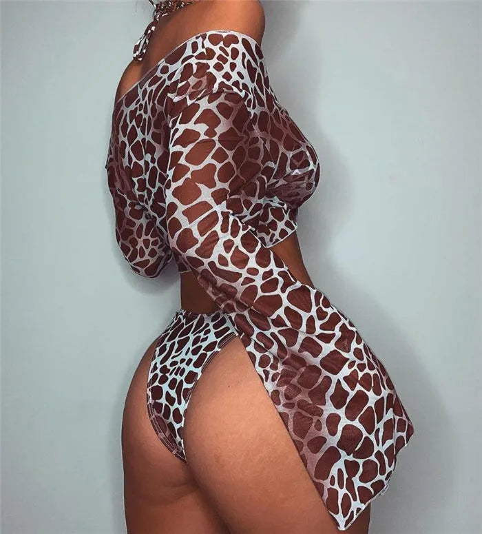 Long sleeve mesh bikini swimsuit three piece set in leopard print, blue, green, or pink, sizes S M L