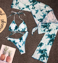 Long sleeve mesh bikini swimsuit three piece set in leopard print, blue, green, or pink, sizes S M L