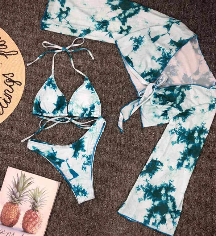 Long sleeve mesh bikini swimsuit three piece set in leopard print, blue, green, or pink, sizes S M L