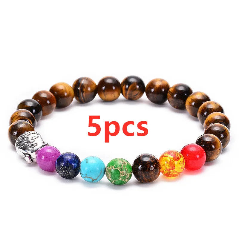 Seven chakra natural stone and tiger eye beaded bracelet with adjustable rope in gold or silver